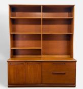 MID-CENTURY TEAK BOOKCASE CABINET BY PROGRAM, two-piece construction, upper with five adjustable