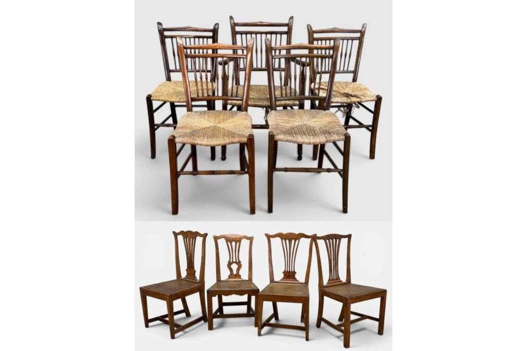 GROUP OF ANTIQUE CHAIRS including, five early 20th century rush-seat spindle back chairs (inc. one - Image 1 of 10