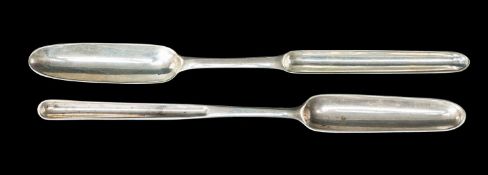 TWO GEORGE III SILVER ARMORIAL MARROW SCOOPS, Thomas Townsend, Dublin 1798, 23.3cms, 1.45ozt, and