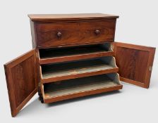UNUSUAL ANTIQUE MAHOGANY SECRETAIRE CABINET, drop-front writing desk, fitted interior, lower