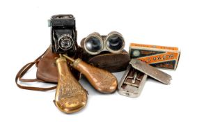 ASSORTED COLLECTABLES, comprising boxed Rolls Razor, two similar copper powder flasks with