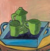 ‡ HELEN LOPEZ (British b. 1961) oil on board - entitled verso 'Coffee Pot, Cups and Tray' signed and