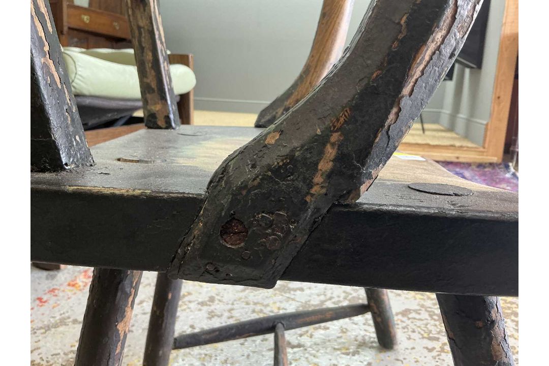 PRIMITIVE ELM & ASH ARMCHAIR, 19th Century, retaining traces of dark green paint, the tapering - Image 12 of 13