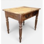 SMALL ANTIQUE PINE KITCHEN TABLE, two frieze drawers, raised on turned legs, 76 (h) x 92 (w) x 67cms