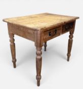 SMALL ANTIQUE PINE KITCHEN TABLE, two frieze drawers, raised on turned legs, 76 (h) x 92 (w) x 67cms