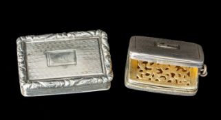 TWO GEORGE IV SILVER VINIGARETTES, both with pierced hinged grilles and gilt interiors, one by