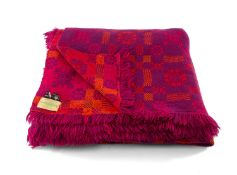 TRADITIONAL WELSH BLANKET, purple, red and orange geometric design, matching fringe and two