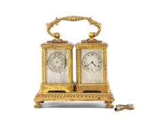 GOOD 19TH CENTURY GILT BRASS MINIATURE COMBINATION DESK BAROMETER/TIMEPIECE, on platform base raised