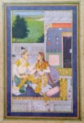 PROVINCIAL MUGHAL SCHOOL, gouache on card - youthful prince and a courtesan on a palace terrace, her