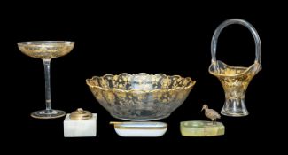 ASSORTED CONTINENTAL GLASS & SMOKING ACCESSORIES, including French verre églomisé floral decorated