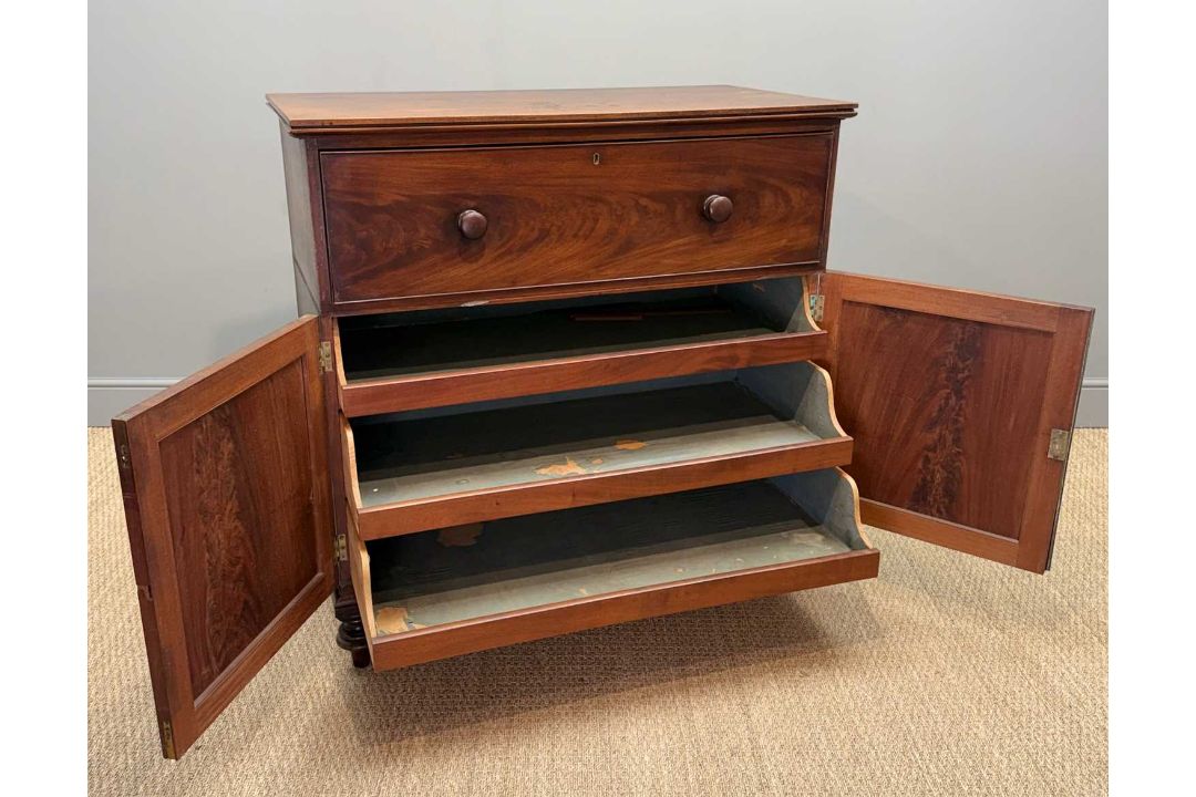 UNUSUAL ANTIQUE MAHOGANY SECRETAIRE CABINET, drop-front writing desk, fitted interior, lower - Image 12 of 13