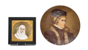 TWO PAINTED POTTERY PLAQUES, larger decorated in the style of Wilhelm Menzler with portrait of a