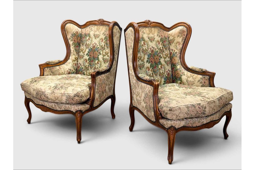 PAIR OF 20TH CENTURY LOUIS XVI STYLE BERGÈRE À OREILLES, 104 (h) x 77cms (w) (2) Provenance: - Image 1 of 6