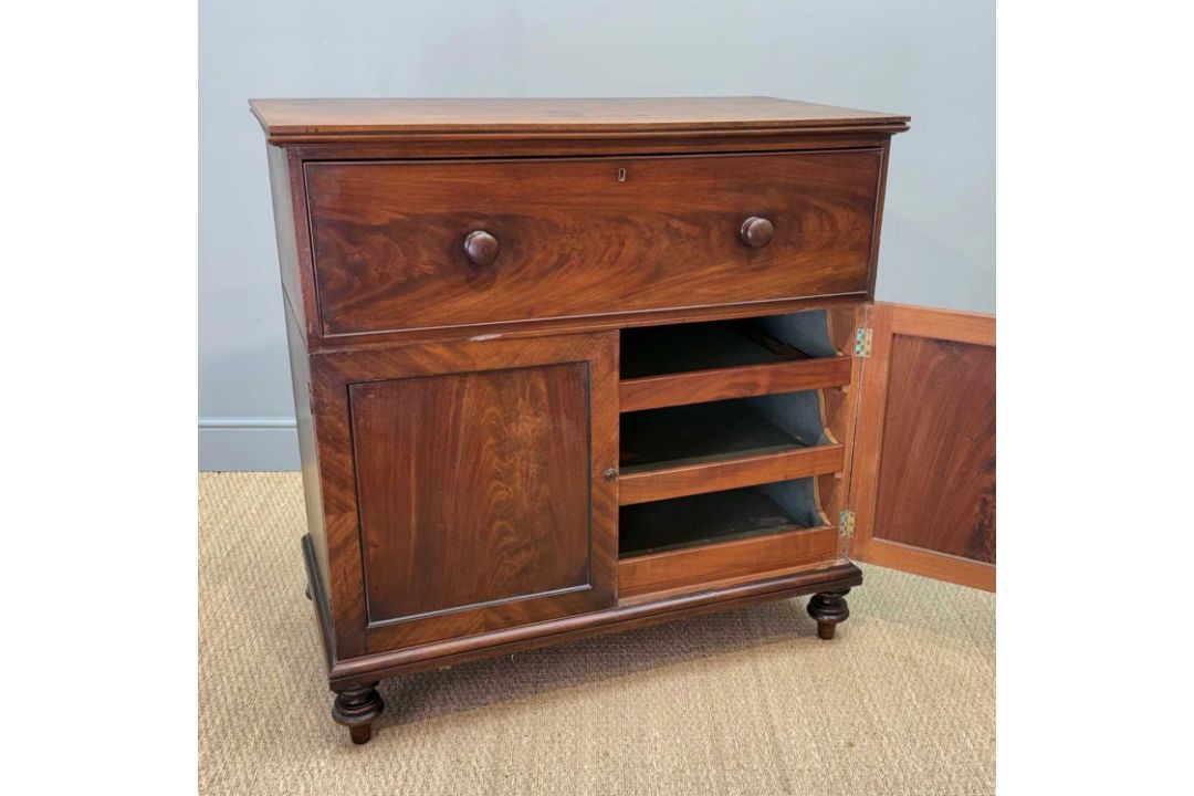UNUSUAL ANTIQUE MAHOGANY SECRETAIRE CABINET, drop-front writing desk, fitted interior, lower - Image 11 of 13