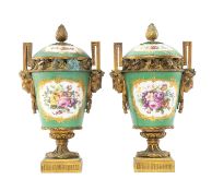 PAIR 19TH CENTURY SEVRES-STYLE ORMOLU MOUNTED PORCELAIN VASES & COVERS, painted with flower sprays