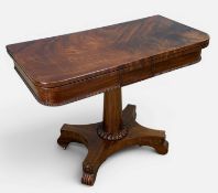 WILLIAM IV MAHOGANY FOLD-OVER GAMES TABLE, nicely figured table top, cotton reel frieze moulding,