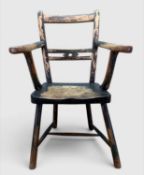 PRIMITIVE ELM & ASH ARMCHAIR, 19th Century, retaining traces of dark green paint, the tapering