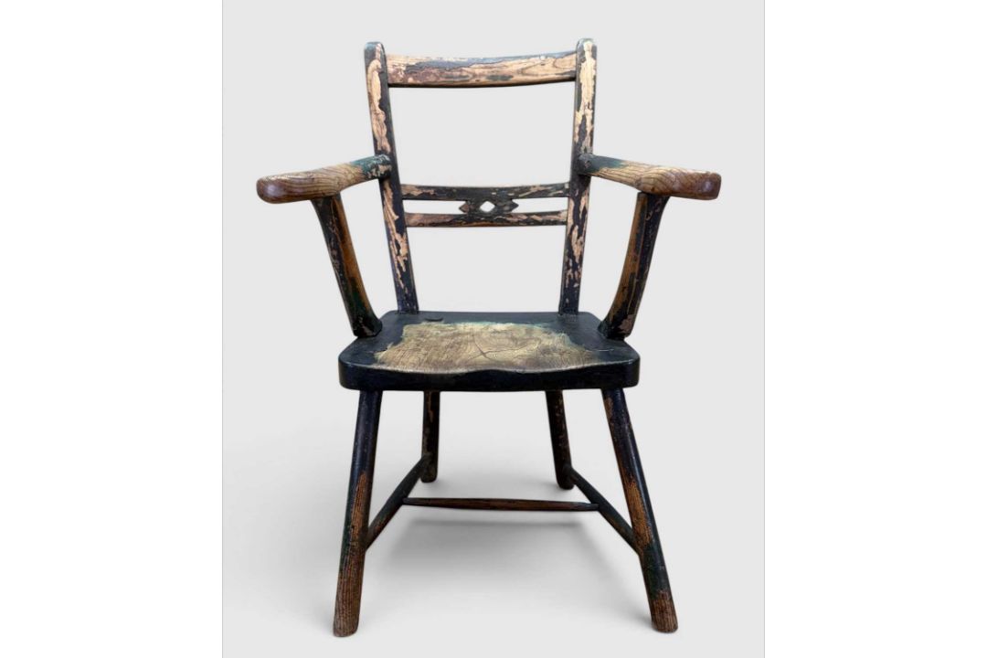 PRIMITIVE ELM & ASH ARMCHAIR, 19th Century, retaining traces of dark green paint, the tapering - Image 1 of 13