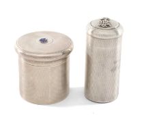 TWO SILVER ENGINE TURNED TOILET BOXES, cylindrical with gilded interiors, one George VI by William