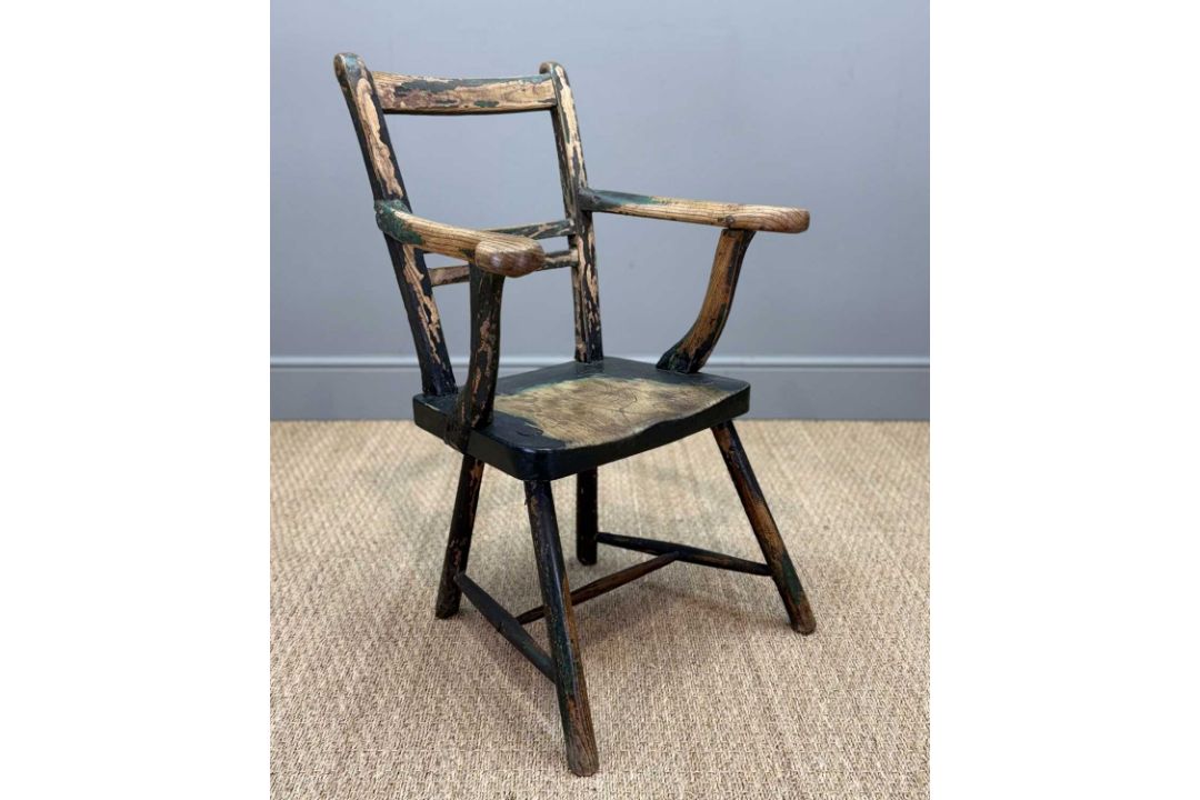 PRIMITIVE ELM & ASH ARMCHAIR, 19th Century, retaining traces of dark green paint, the tapering - Image 2 of 13