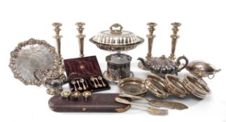 ASSORTED ANTIQUE OLD SHEFFIELD PLATE, including set of four candlesticks, oval entrée dish, cover