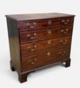 SMALL EARLY 19TH CENTURY MAHOGANY CHEST, four long graduated drawers, swan-neck brass handles,