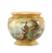 ROYAL WORCESTER PORCELAIN JARDINIÈRE, painted by William Powell with peacock and peahen on a pine
