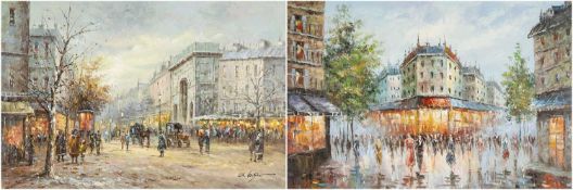 TWO FURNISHING PAINTINGS, oils on canvas - Paris street views, signed 'Nelson' and 'Stieger', 60 x