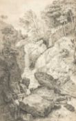 EARLY 19TH CENTURY SCHOOL, pencil - figure sketching below Stock Ghyll Force waterfall, Ambleside,