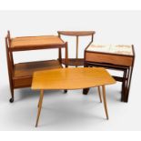 GROUP OF MID-CENTURY OCCASIONAL FURNITURE including, White & Newton teak trolley, base with drawer/