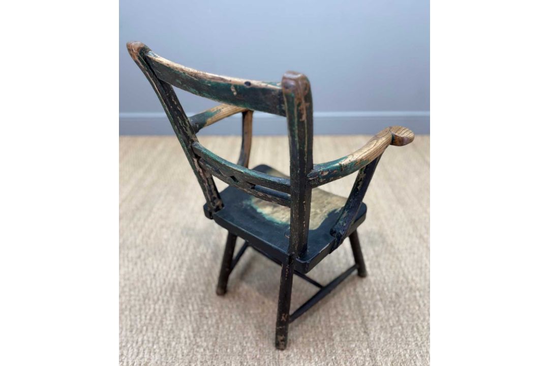 PRIMITIVE ELM & ASH ARMCHAIR, 19th Century, retaining traces of dark green paint, the tapering - Image 4 of 13