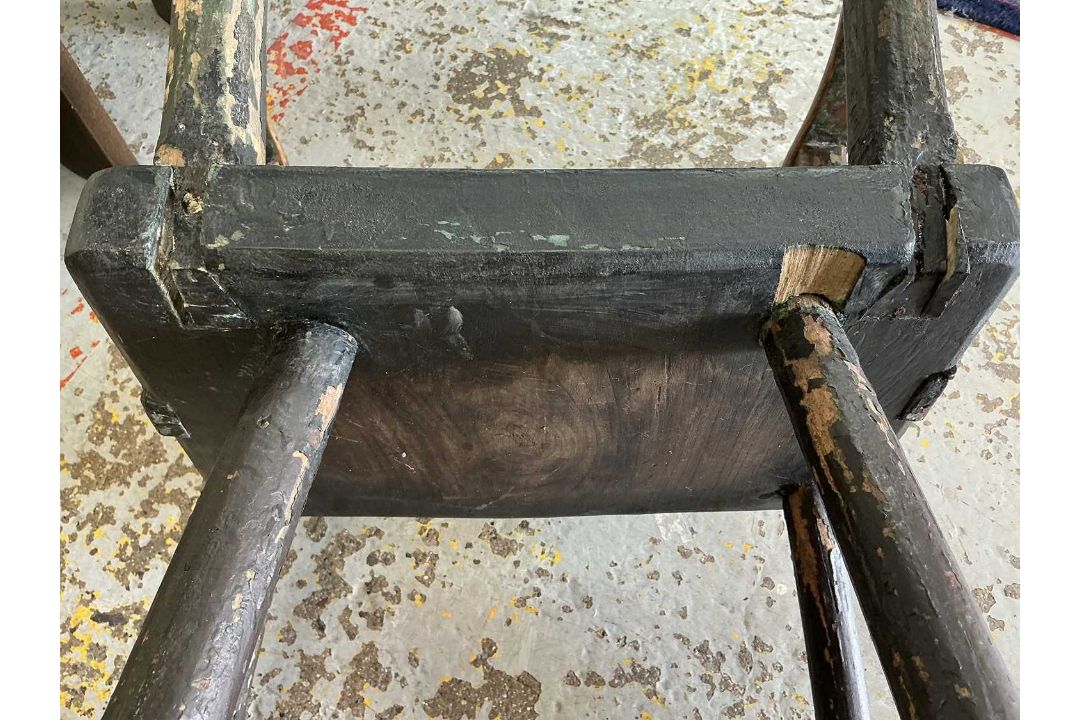 PRIMITIVE ELM & ASH ARMCHAIR, 19th Century, retaining traces of dark green paint, the tapering - Image 10 of 13