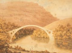 19TH CENTURY BRITISH SCHOOL watercolour - Old Pontypridd Bridge with figures crossing and travellers