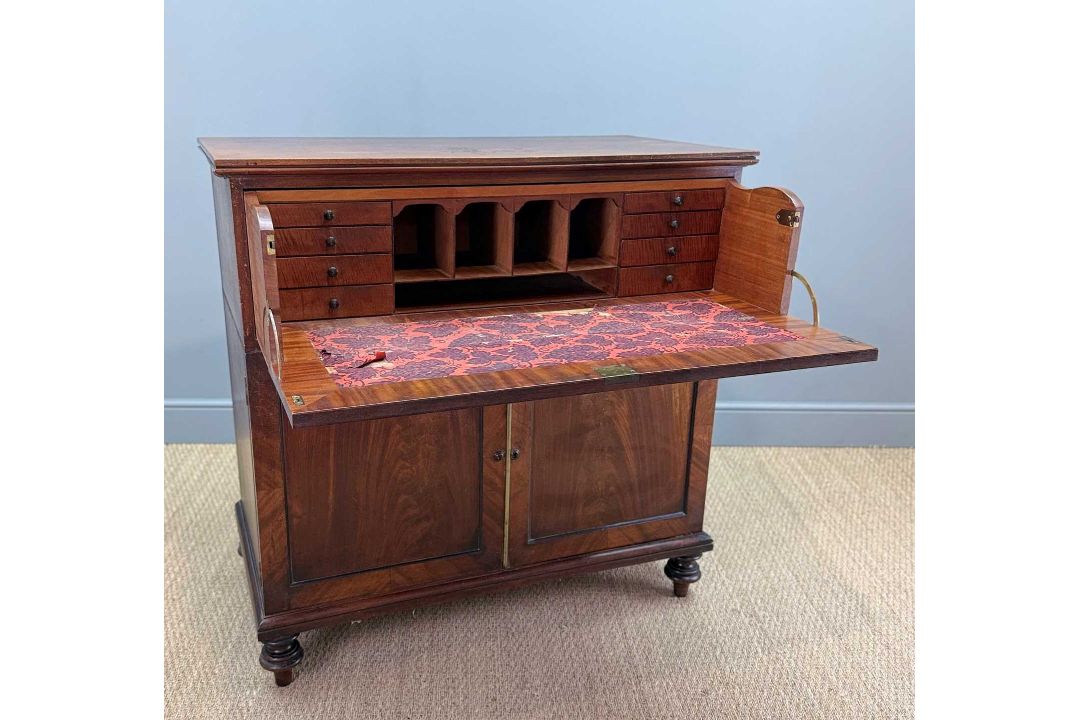 UNUSUAL ANTIQUE MAHOGANY SECRETAIRE CABINET, drop-front writing desk, fitted interior, lower - Image 4 of 13