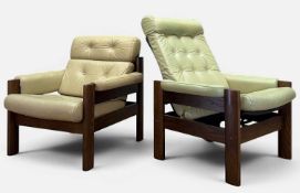 TWO EKORNES AMIGO ARMCHAIRS, stained hardwood frames, buttoned leather upholstery, one recliner (