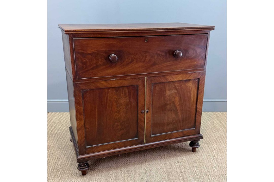 UNUSUAL ANTIQUE MAHOGANY SECRETAIRE CABINET, drop-front writing desk, fitted interior, lower - Image 2 of 13
