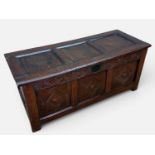 18TH CENTURY WELSH JOINED OAK CARVED COFFER, 53 (h) x 128 (w) x 53cms (d) Provenance: consigned