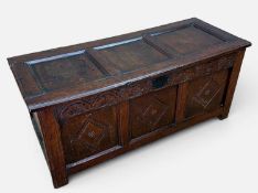18TH CENTURY WELSH JOINED OAK CARVED COFFER, 53 (h) x 128 (w) x 53cms (d) Provenance: consigned
