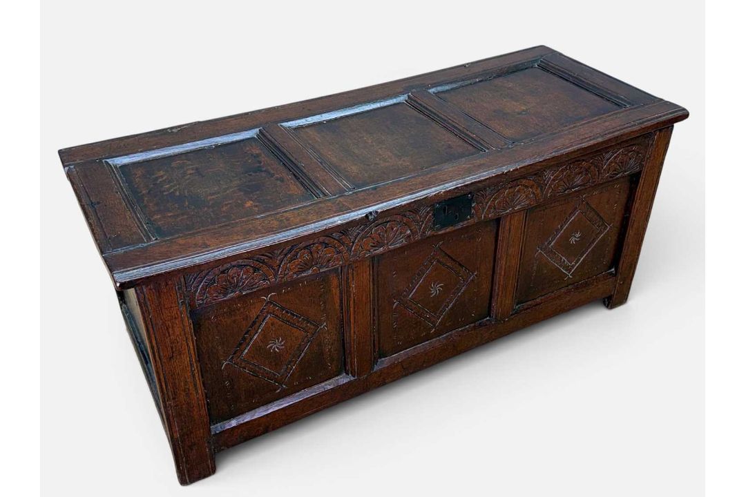 18TH CENTURY WELSH JOINED OAK CARVED COFFER, 53 (h) x 128 (w) x 53cms (d) Provenance: consigned - Image 1 of 10