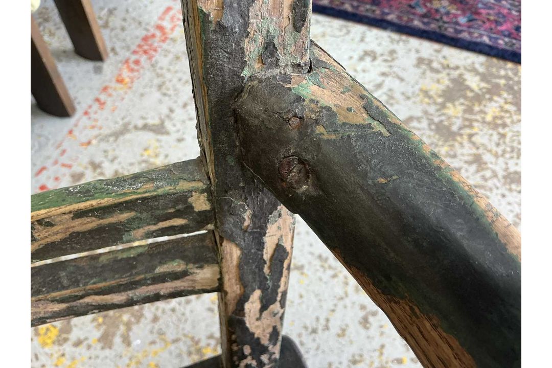 PRIMITIVE ELM & ASH ARMCHAIR, 19th Century, retaining traces of dark green paint, the tapering - Image 8 of 13
