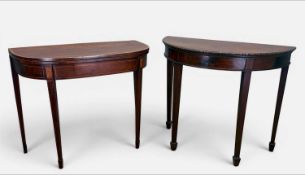 TWO ANTIQUE MAHOGANY FOLDING CARD/GAMES TABLES, one demi-lune, 78 (h) x 91 (w) x 45cms (d), one D-