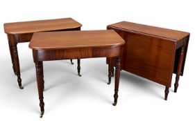 ANTIQUE MAHOGANY D-END EXTENDING DINING TABLE, comprised of three parts: pair of D-ends, 73 (h) x 53