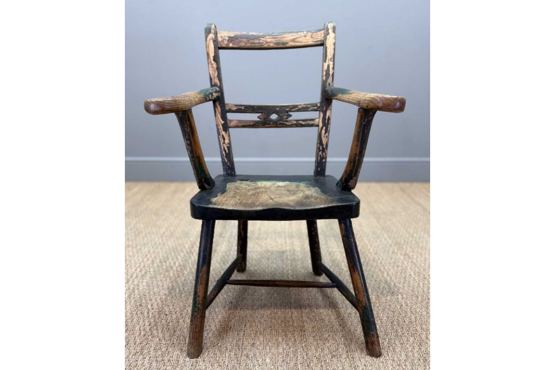 PRIMITIVE ELM & ASH ARMCHAIR, 19th Century, retaining traces of dark green paint, the tapering - Image 6 of 13