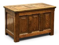 WELSH JOINED OAK COFFOR BACH, 19th century, two fielded panel hinged top over three narrow fielded