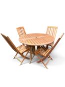 TEAK HARDWOOD FOLDING GARDEN TABLE, 75 (h) x 119cms (w); with four folding garden chairs (5)