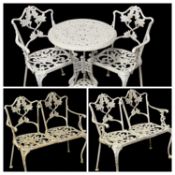 PAINTED ALUMINIUM GARDEN FURNITURE, including a pair of two-seater benches, 94cms (w); pair of