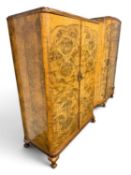 QUALITY BURR WALNUT BOWFRONT TRIPLE WARDROBE, 196 (h) x 183cms (w), and matching compactum style