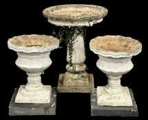 RECONSTITUTED STONE PEDESTAL BIRD BATH, 74 (h) x 58cms (diam.); pair of white-painted