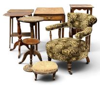 VICTORIAN GREEN FOLIATE FABRIC UPHOLSTERED MAHOGANY BOW-BACK ARMCHAIR, circa 1880; mahogany two-tier