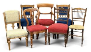 ASSORTED VICTORIAN CHAIRS, including a pair of blue fabric upholstered oak salon chairs and a bar-